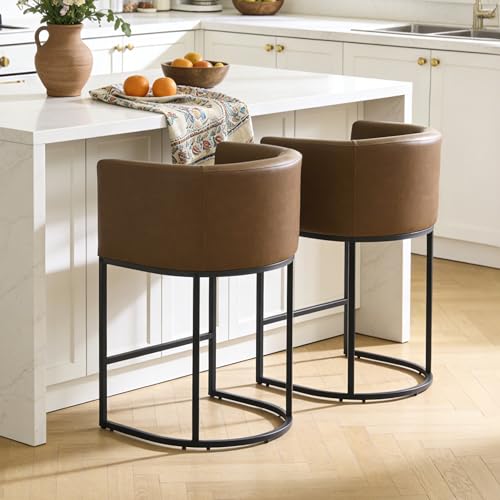 Image of 26 inch Counter Height Bar Stools Set of 6, Faux Leather Upholstered Barrel Chairs with Back and Arms, Metal Frame Kitchen Island Stools with Footrest, Cognac Brown