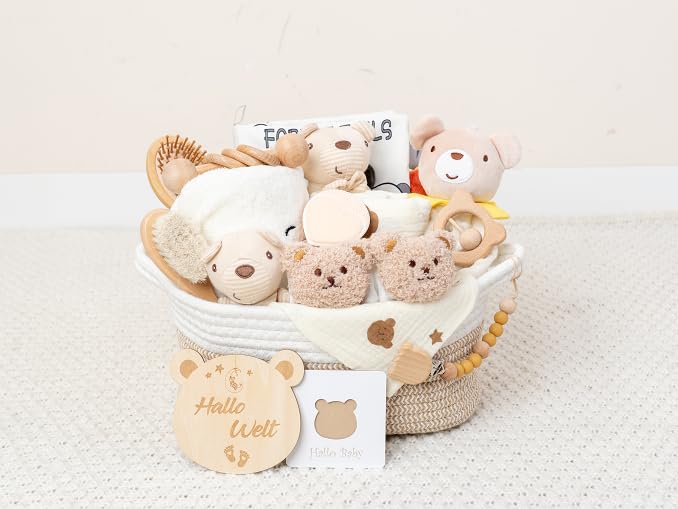 Neugeborenen geschenk,Baby Geschenk 20-teilig,Set zur Geburt mit baby kuscheldecke, Socken,Polsterbürste (Kakibraun)