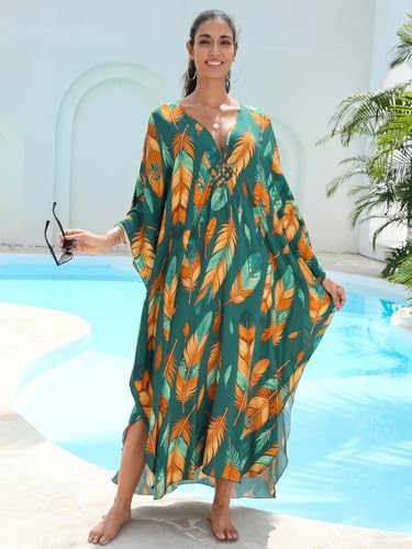 Image of IMAGEKOPE Women's Plus Size Animal Print V-Neck Batwing Kaftan Beach Dress Bathing Suit Cover-Up Loungewear