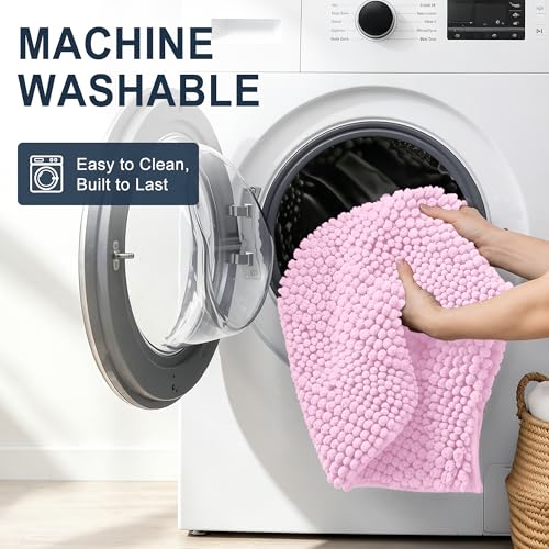 Image of Smiry Thick Chenille Bathroom Rugs 30x20, Extra Soft Absorbent Striped Bath Mat, Machine Washable, Rubber Backing, Bath Rugs for Bathroom, Tub & Shower, Modern Home Decor Accessories, Pink