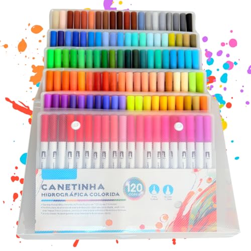 Canetinha Ponta Dupla para Colorir Kit Estojo de Canetas Escolar Marcador Coloridas Permanente Duas Pontas Desenho Ponta Fina (120 CORES)
