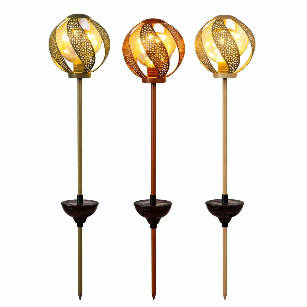 formano LED Gartenstecker Solar 3er Set Solarleuchten Kugel Metall mit Durchbruch und Erdspieß 94cm warmweißes Licht Wetterfetse IP44 Garten Deko außen, inkl. Akku