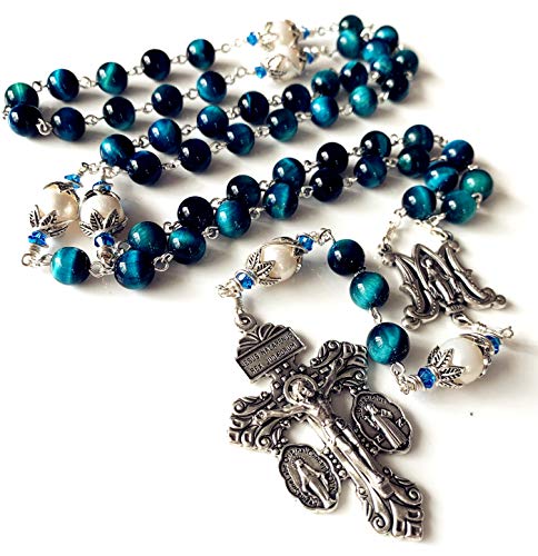 elegantmedical HANDMADE Peacock Blue Tiger Eye Prayer Beads & (AAA) 10mm real Pearl sterling silver beads caps Catholic Rosary Necklace Gift Box Italy Parden Crucifix