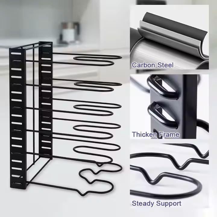 Image of ZEUS GLOBALIZED Iron Metal Pot Countertop Pan Rack Organizer, 8 Pots Holder, 4-Tiers Each Side, Tiered Shelf, Cabinet Pantry Pot Pan Lid Holder, Black