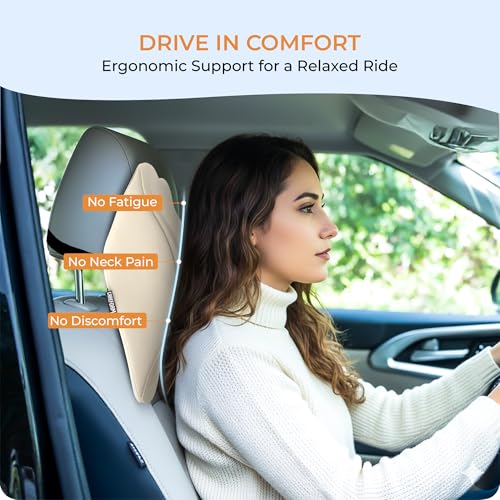 Image of CareFoam Memory Foam Car Neck Pillow for Driving Comfort - Ergonomic Headrest Cushion for Neck & Spine Support - Adjustable Strap, Breathable Washable Cover, Ideal for Long Drives | Beige Velvet