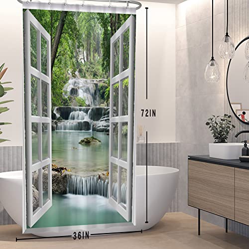 SDOTPMT 90x180cm Window View Shower Curtain Spring Waterfall Trees Natural Scenery Wilderness Landscape Bath Curtain White Window Picture Modern Art Fabric Waterproof Bathroom Curtain with Hooks - Image 3