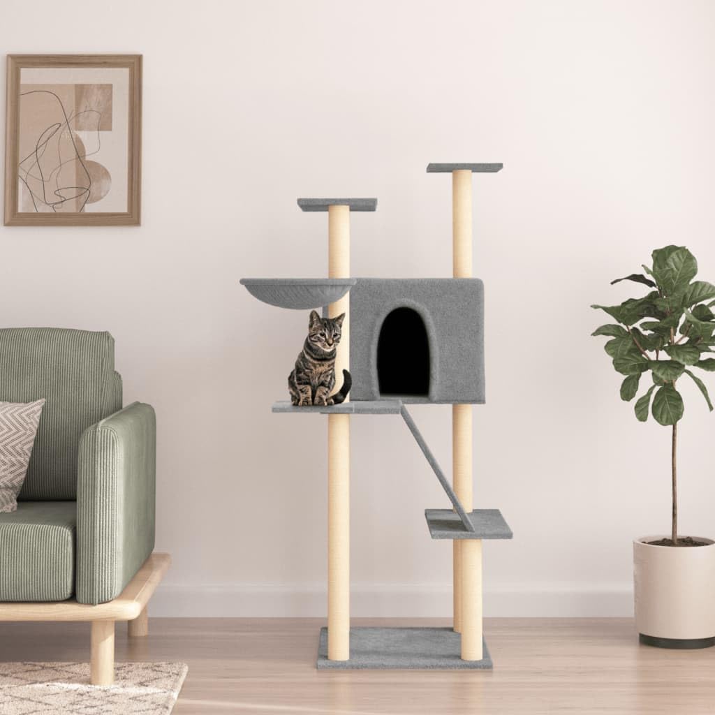 Homgoday Tiragraffi per gatti con tiragraffi in sisal, grigio chiaro, 143 cm, torre tiragraffi a torre, casa per arrampicata per gatti multilivello, centro attività per gatti, animali e articoli per