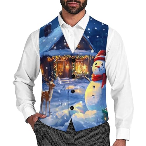 Christmas Deer Snowy Men's Suit Vests Dress Vest V-Neck Waistcoat Slim Business Formal with Pocket