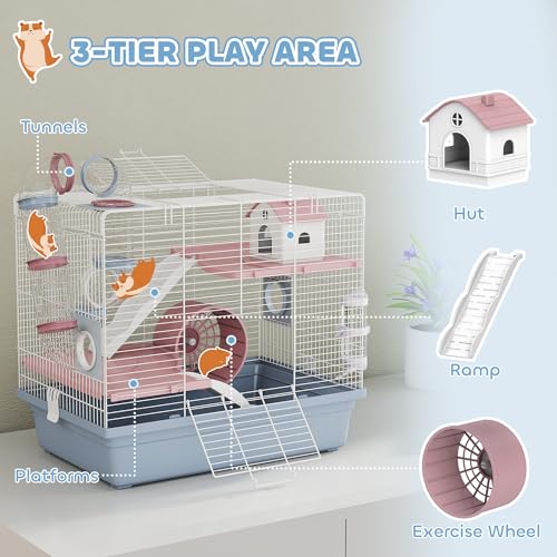 PawHut Hamster Cage, 3-Tier Gerbil Cage with Exercise Wheel, Food Bowl, Water Bottle, House, Tunnels, Ramps, Small Animal Habitat for Dwarf Hamster, Blue - Image 4