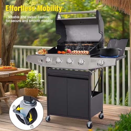 Image of Unovivy 4-Burner Propane Gas Grill with Side Burner, Portable BBQ Grills with Oil Tray and Built-in Thermometer for Outdoor Barbecue, Camping, Patio, Backyard, 49,000 BTU