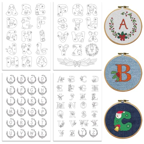 Image of Peacoblue Water Soluble Embroidery Patterns for Beginners, 26 Christmas Letters Santa Claus 4 Sheets with 80pcs, Wash Away Embroidery Pattern Stabilizer for Hand Sewing Lover Women Adults