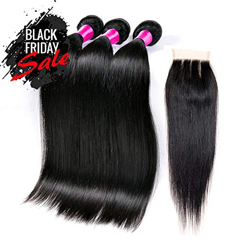 Queen Plus Peruvian Straight Hair 3 Bundles with Closure 7A Unprocessed Peruvian Virgin Hair with Closure Three Part 350g/lot (16 18 20 with 14)