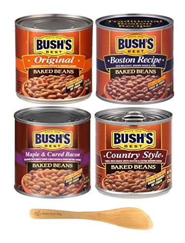 Baked Beans, Original, Boston Recipe, Maple & Cured Bacon, and Country Style, 16 Ounce (Pack of 4) - with Make Your Day Mini Bamboo Spatula