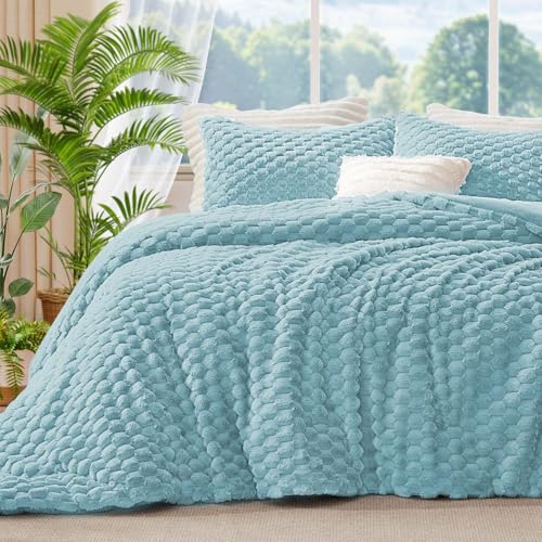 BEDELITE Fluffy King Size Comforter Set - Dusty Blue Fleece Soft Comforter for King Size Bed, Luxury Warm Bedding Set for Winter, Fuzzy Bed Set 3 Pieces (1 Comforter, 2 Pillowcases)