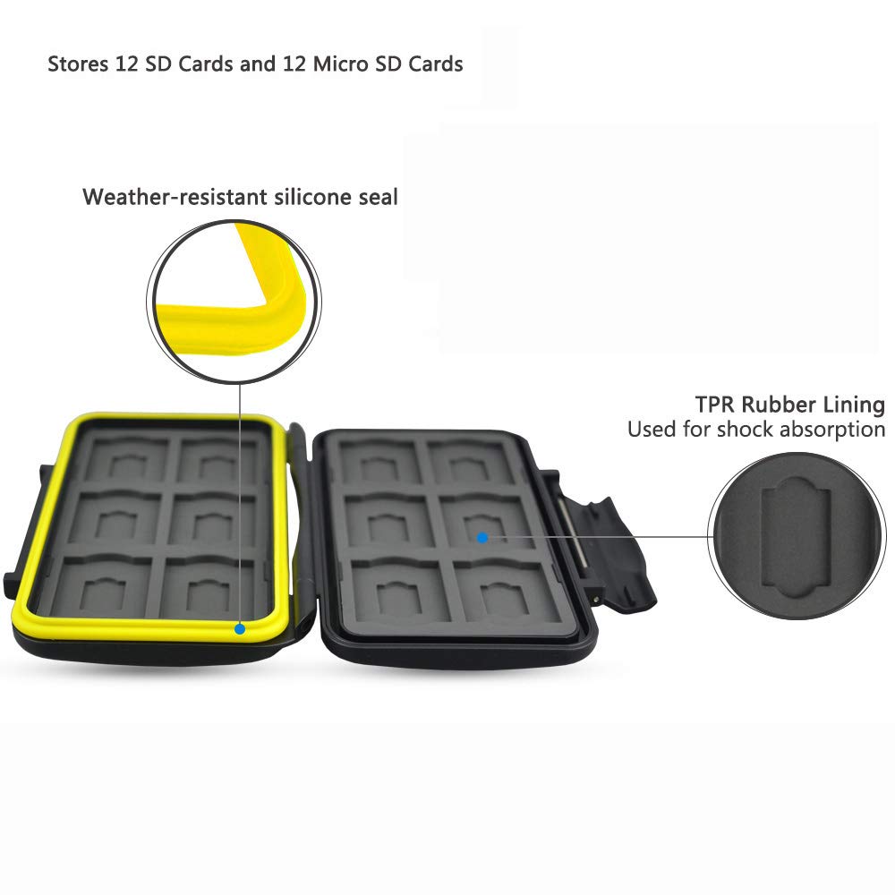 JJC Memory Card Custodia impermeabilità Porta schede di Memoria 24 Fessura per 12 SD + 12 Micro SD con moschettone