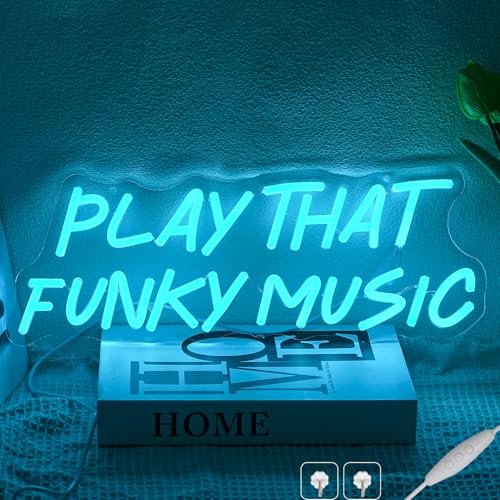 Image of Play That Funky Music Neon Sign for Wall Decor, Dimmable Blue Letter Neon Light, USB Powered LED Light Sign for Bedroom Club Party Bar Men Cave Music Room