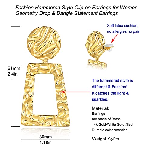Fiklon Clip On Earrings Women Silver Gold Clip Earrings Non Pierced Dangle Drop Earrings Statement Retro Fake Earring Hammered Styles Geometry Square Elegance Jewelry (Gold Clip) #TOP6
