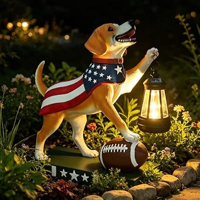 Solar Dog Garden Statue with Lantern Light, 11 Inch Dog Figurine Outdoor Decor, Outdoor Statues for Yard Lawn Porch Patio Balcony Home House, Unique Gift for USA 250th Anniversary Decor?4th of July ?