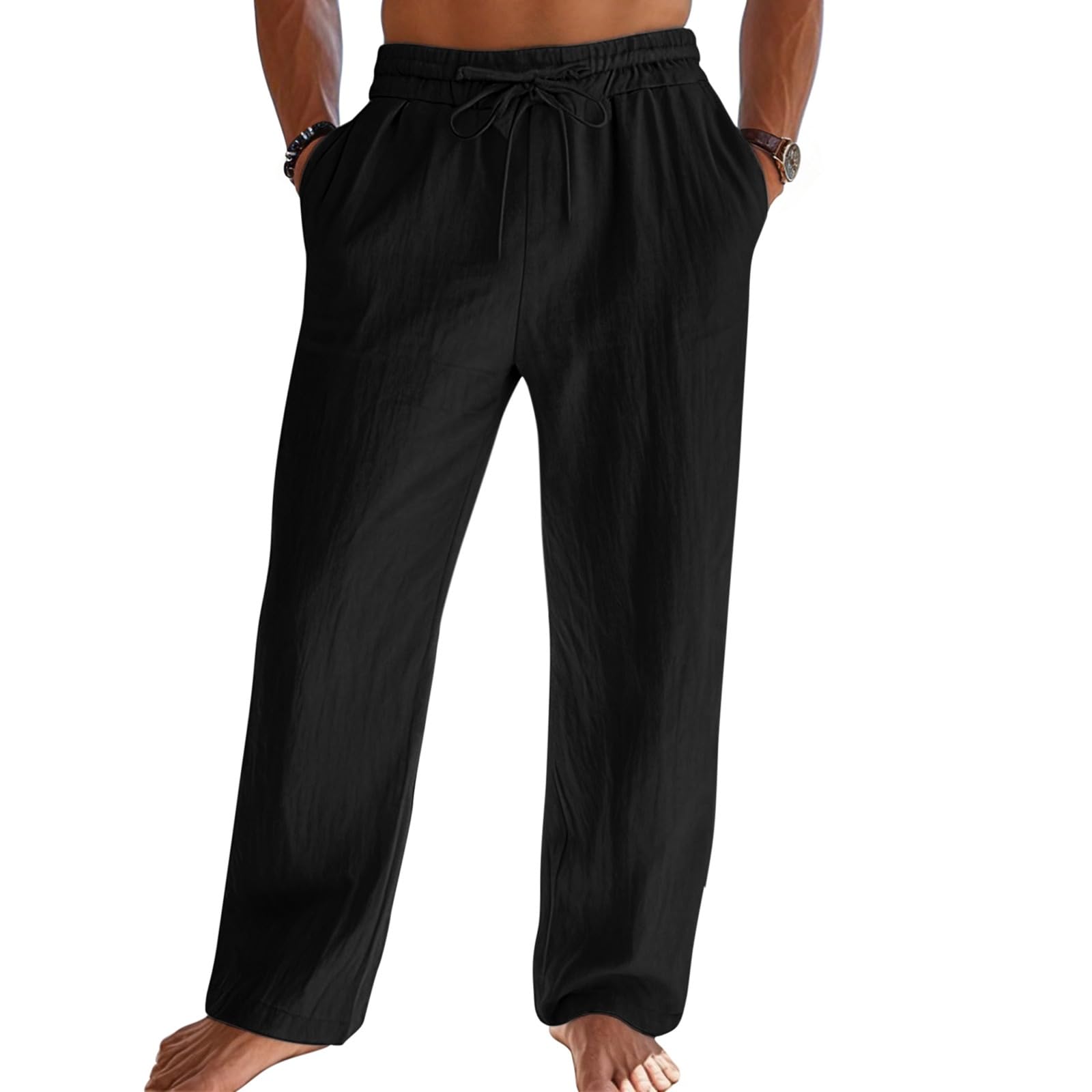 Litthing Leinenhose Herren Leicht Sommerhose mit Kordelzug Elastischer Bund Lässige Freizeithose lang Loose Fit Baumwollehosen mit Seiten- und Gesäßtaschen für Urlaub, Strand, Sommer