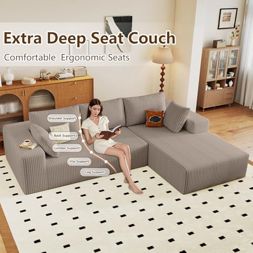 Image of 96 inch Modular Sectional Couch, Boneless L Shaped Cloud Sofa with Chaise Lounge, Corduroy Upholstered Couches Memory Foam Deep Seat, No Assembly Required, Ideal for Living Room(Camel, Right Facing)