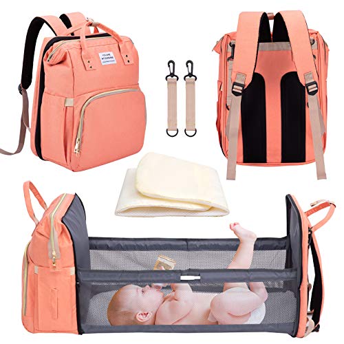 nuosife 3 in 1 Diaper Bag Backpack with Changing Station, Large Capacity Mummy Bag with Foldable Crib Bed, Baby Bag with Travel Bassinet, Portable Waterproof Multifunctional Diaper Bag (Coral)