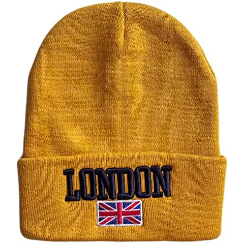 Itzu London Unisex Beanie Hat Cap Turn Up Union Jack Flag Winter Warm in Mustard Cover