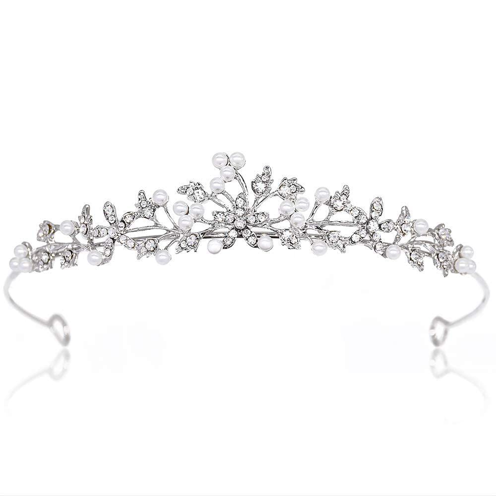 DOMINNE Tiara for Women Crystal Wedding Crown Flower Rhinestone Headband Crystal Pearls Tiara Crowns for Bride Birthday Drama Cosplay Prom