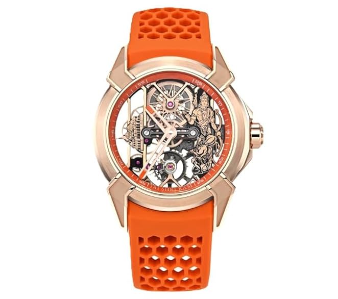 The Merciful Luxury full Automatic Shree Ram Edition Watch for Men– Women Heavy Open Machine Design with Orange Straps, Shri Ram ji & Hanuman ji Artwork, Ayodhya Mandir Dial | Premium Wrist watch 41mm Bezel [1Year warranty]