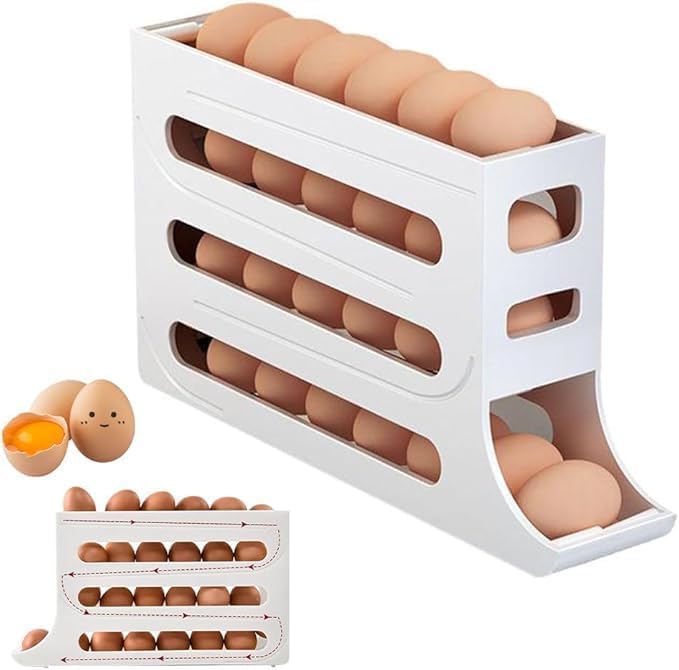 Plastic Automatic Rolldown Egg Dispenser for Refrigerator – 4 Tier Rectangular Egg Holder, Holds Up to 30 Eggs, Rolling Storage Rack for Fridge Organizer (White)