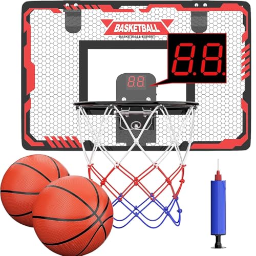 Indoor Basketball Hoop for Kids Adults Mini Basketball Hoop with 2 Balls and Electronic Scoreboard Over Door Wall Mounted Basketball Board Set for Kids Boys Teens for Bedroom Office Outdoor Pool