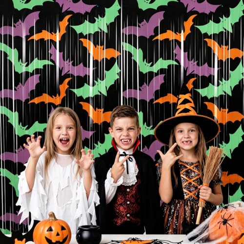 Image of TONIFUL 2Pcs Black Bat Metallic Tinsel Foil Fringe Curtain Door Streamers | 3.3ftx6.6ft Photo Booth Curtain Backdrop with Green Purple Orange Bat Print for Halloween Spooky Birthday Party Decorations