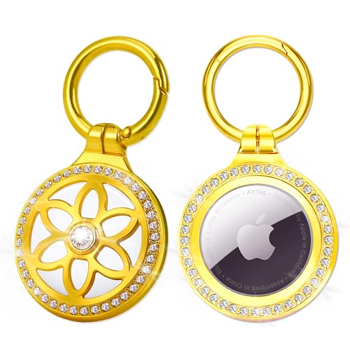 DEERLET Airtag Holder 2 Pack,Metal Badge Rhinestone Airtag Key Chain,Diamonds Shine Air Tag.Holder Keychain,Air Tag Key Chain Compatible Apple Air tag.Gold