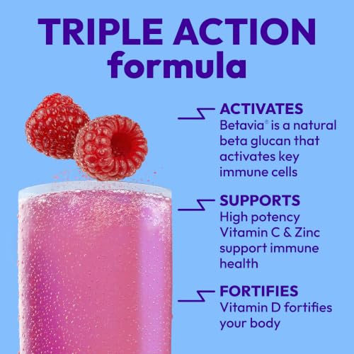 Image of Emergen-C Immune+ Triple Action Immune Support Powder, BetaVia (R), 1000mg Vitamin C, B Vitamins, Vitamin D and Antioxidants, Raspberry, Back to School Essentials - 30 Count
