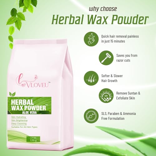 Image of VLOVEU Wax Powder for Hair Removal for Women - 120 gm (Pack of 1) | Hair Removal Powder with Aloevera | Painless Herbal Wax Powder, All Skin Types Hands, Legs, Underarms, Bikini & Intimate Area