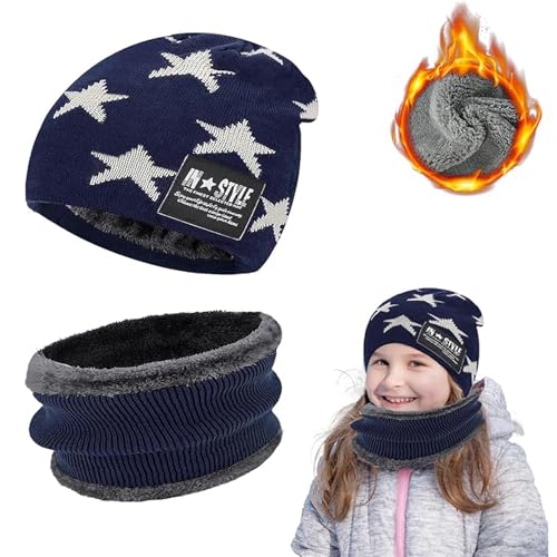 Gorro de Invierno para niños Bufanda Cálida, Conjunto Gorro y Bufanda de Punto 2 en 1,Niños Sombrero Caliente de Punto,Gorro de Punto de Invierno y Bufanda Circular,Accesorios de Invierno Unisex, Azul
