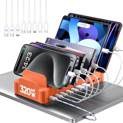 Image of 320W Charging Station for Multiple Devices, Zobirez 10-Port USB C Fast Charger Stations for MacBook, iPhone, Android Cell Phone, iPad, Tablet Family Multi-Device Organizer Charging Dock, Orange