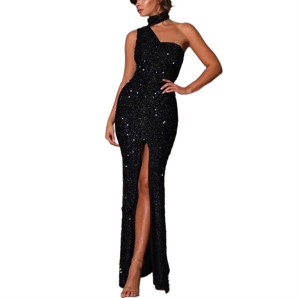 Women's Solid Sequin One Shoulder With Slit A line Bodycon Evening Gown (Color : Black, Size : L)