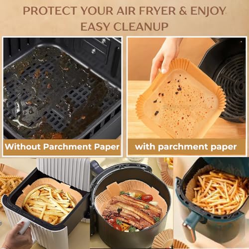 Image of SNMMIFER 100 Pcs Square Air Fryer Paper Sheets, Disposable Parchment Airfryer Paper Sheets, Air Fryer Liners for 5-8 QT, Oil-Proof, Heat Resistant for Frying, Baking, Cooking, Roasting and Microwave