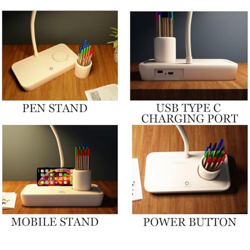 Image of fizzytech Rechargeable LED Table Lamp for Study Desk - 360 Flexible Desk Light with Pen Holder & Phone Stand, Touch Control Lamp for Students, Reading, Study & Office Use (White)