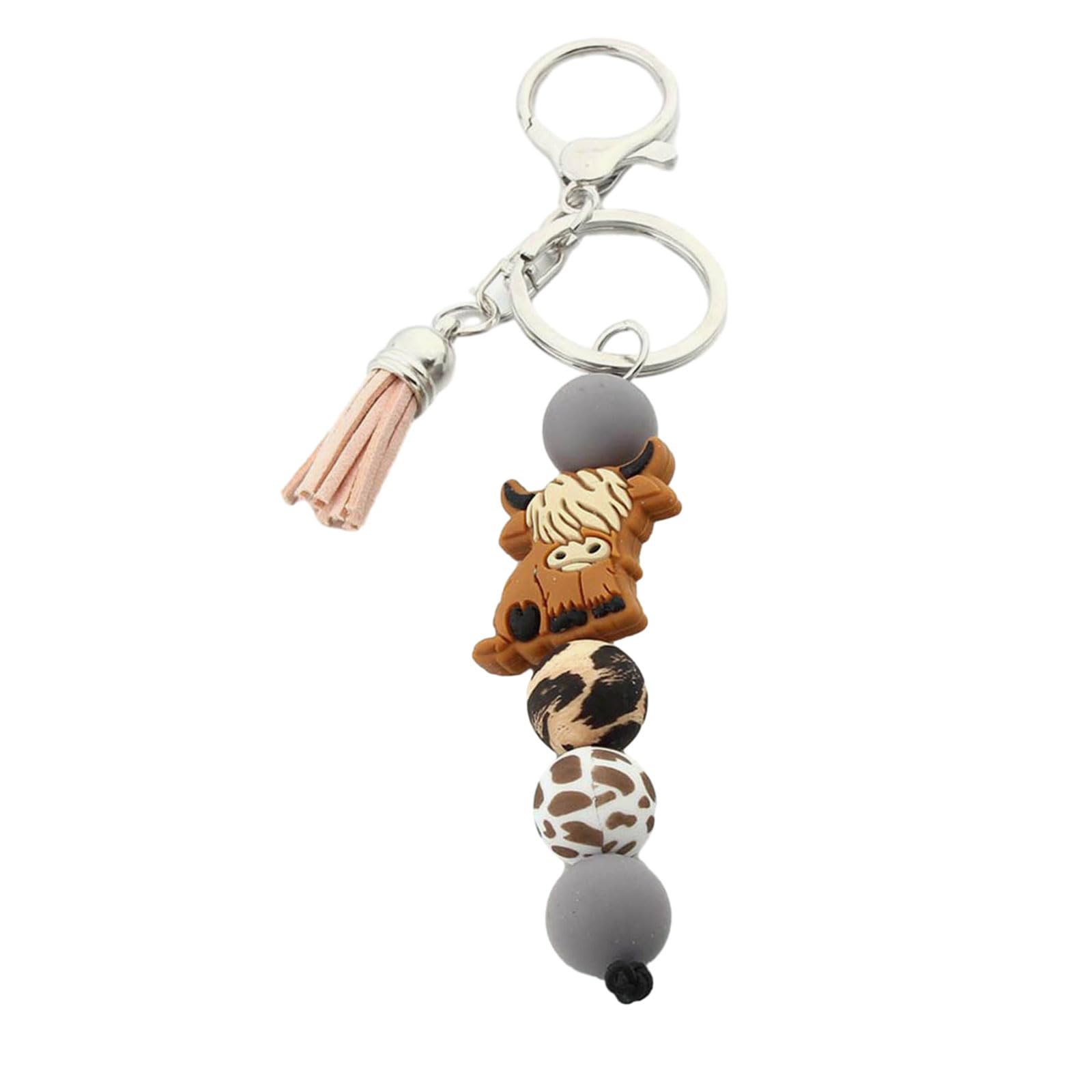Mikovivi Portachiavi a Forma di Mucca Scozzese con Perline e Nappa, Portachiavi in Silicone a Forma di Animale Simpatico Accessorio Decorativo per