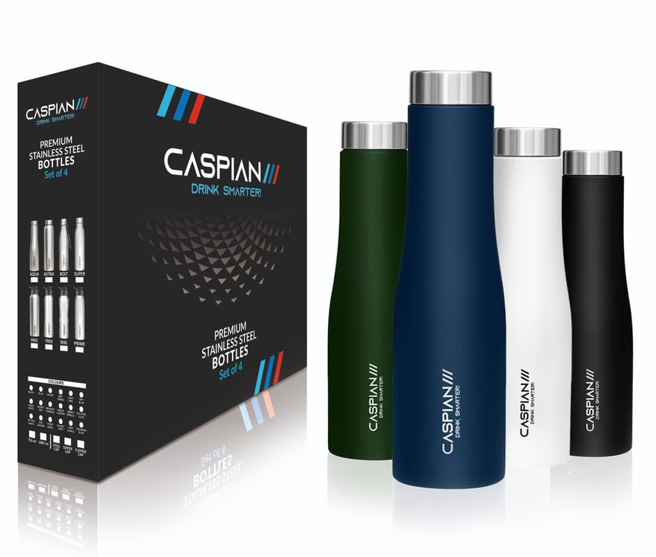 CASPIAN /// Aqua Stainless Steel Water Bottle (Black, Blue, Green & White, 1 Litre, Set of 4)| Leak Proof Thunder for Fridge Home Office Travel School Kids Boys Girls Adults Sports Gym Yoga