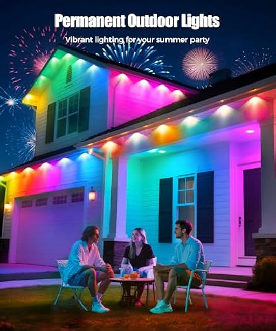 POOFZY Permanent Outdoor Lights for House, 200ft RGB+IC Smart Outdoor Decor, 50 Scene Modes, App/Remote Control, IP68 Waterproof, for Christmas, Holiday, Daily & Pool Party Decor, House Roof Lighting