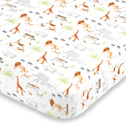 Image of NoJo Watercolor Jungle Animals Crib Sheet - Mini Fitted Crib Sheet - Designed in The USA - 24" X 38" X 5", Orange, Grey, Light Blue