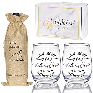 House Warming Gifts New Home, Housewarming Gift Stemless Wine Glass & Bottle Gift Bag Set for Newlywed Couple, Women…