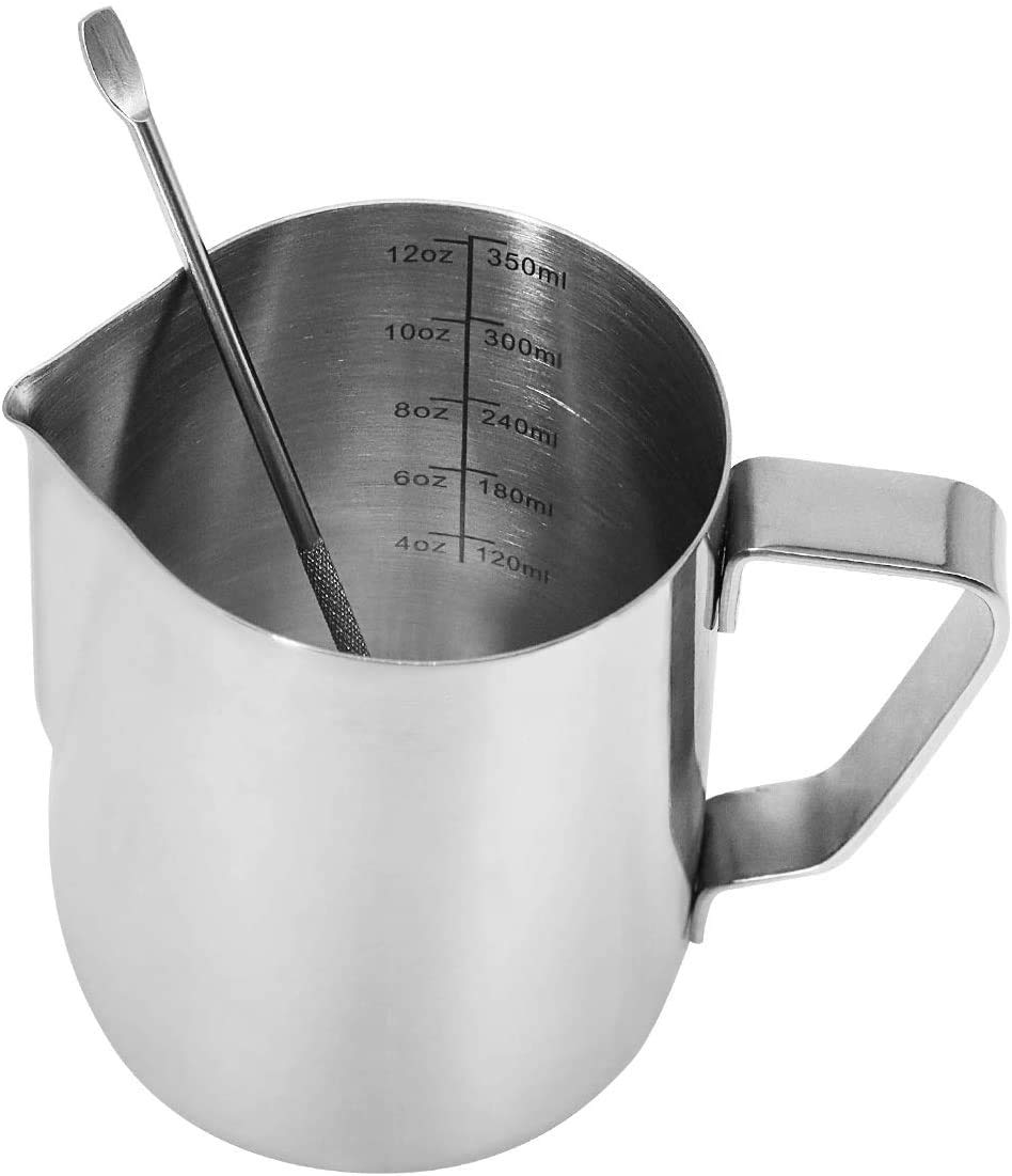 Milk Frothing Pitcher Barista Milk Jug,12oz /350ml- Espresso Steaming Pitcher with Lid and Latte Art Pen,304 Stainless Steel Milk Pitcher for Making Coffee Cappuccino