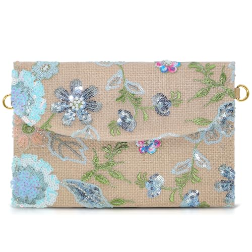 QTKJ Envelope Package, Clutch Purses for Women, Sequin Embroidered Flowers Straw Bag, Bohemian Handmade Handbags(Style 1)