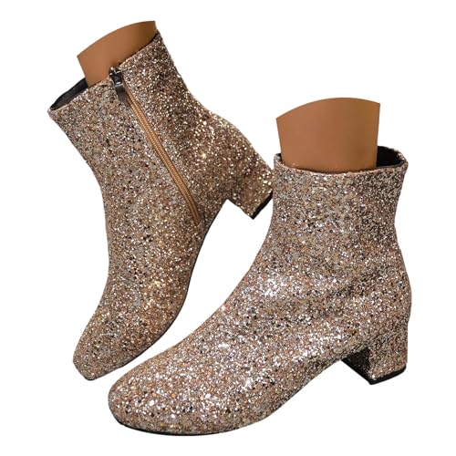 EQWIGKEIT Bottines à paillettes pour femme - Bottines classiques - Confortables et légères - Élégantes - Courtes - Avec talon - À enfiler - Talon bloc, B15 doré,...