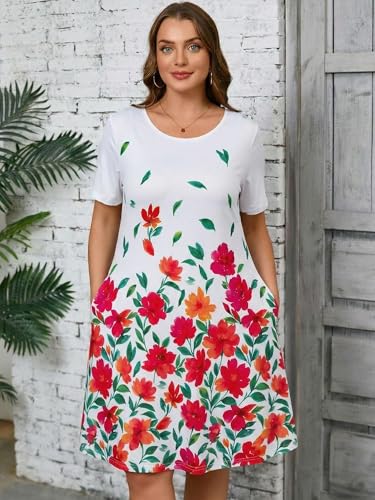 Image of AusLook Plus Size Midi Dress for Women Casual Summer Short Sleeve A Line Swing Dress with Pocket Round Neck Flowy Dress 1X-5X