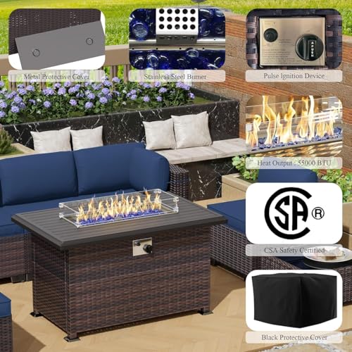 Image of 11 Pieces Outdoor Patio Furniture Set,Outdoor Sectional Furniture with 43 inch 55000 BTU Gas Propane Fire Pit Table,PE Rattan Wicker Patio Conversation Set,Swivel Rocking Chairs Set,Navy Blue