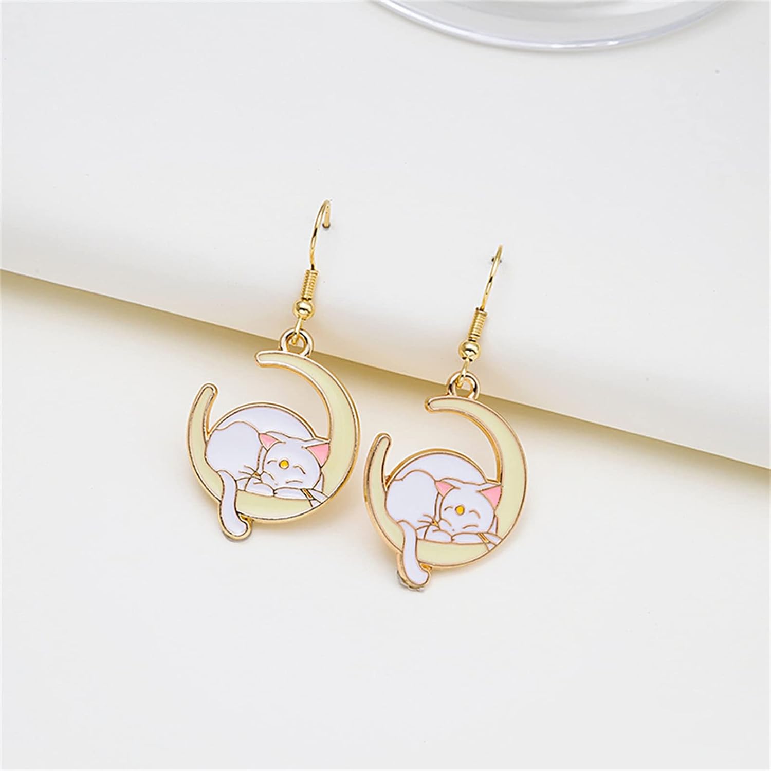 MALOYANVE Moon Cat Earrings for Women Cute Gold Plated Enamel Anime Cartoon Sleeping Animal Sailor Moon Cat Earrings Animal Carved Crescent Moon Earrings Jewelry Gifts - Image 3